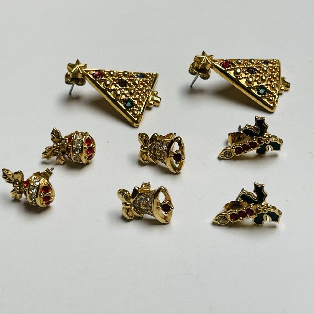 Christmas Earrings Lot Of 4 Gold Tone Holly Bell Present Gift Trees Gold Tone‎